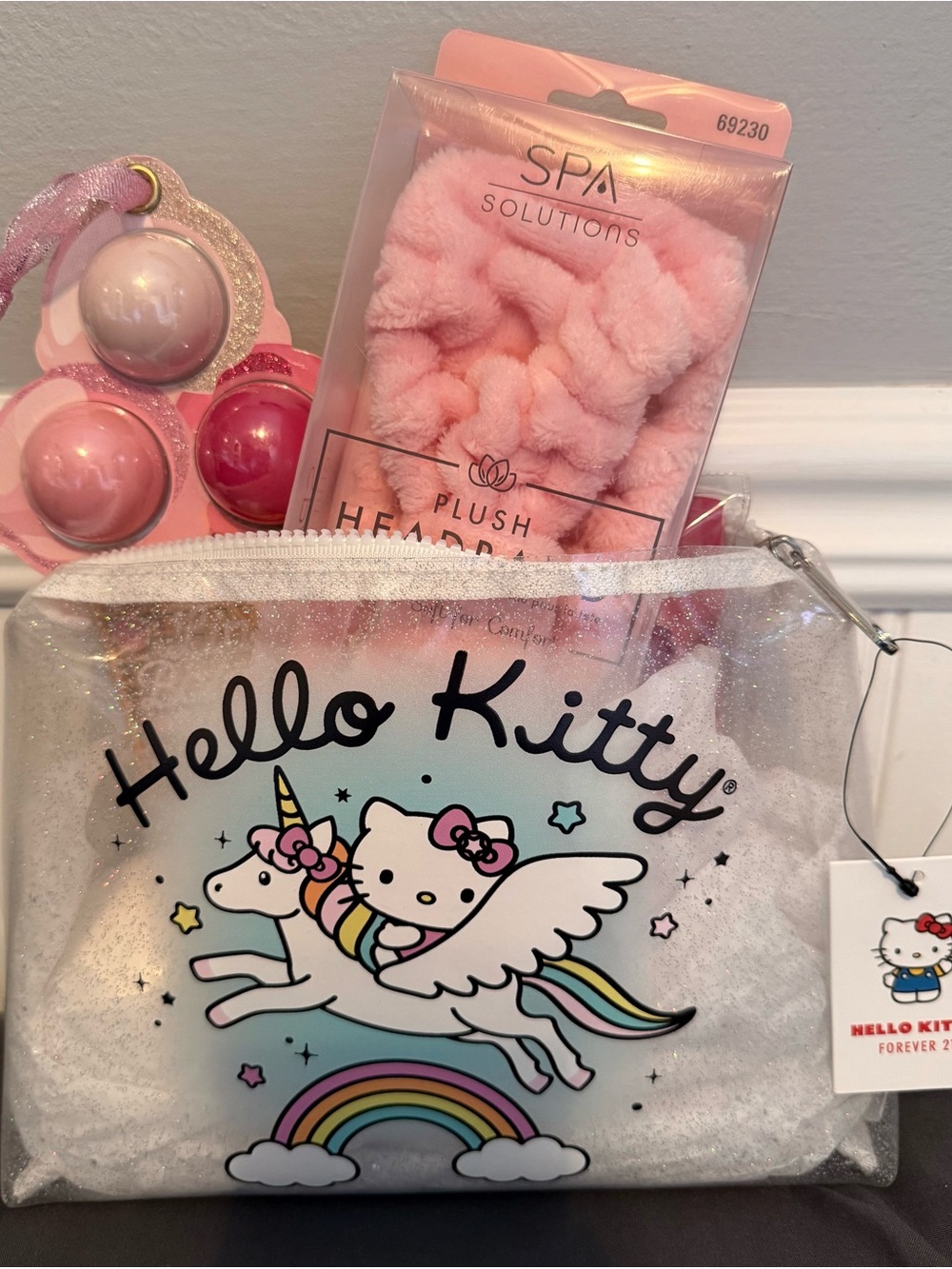 Hello Kitty Pink Glitter Unicorn Cosmetic Pouch with Spa Accessories